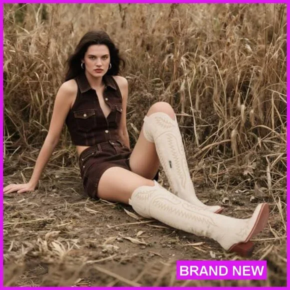 Over The Knee Cowboy Boots Chunky Heel Slip On Zipper Square Toe Western Fashion - Picture 3 of 7